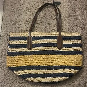 Striped Tote Bag with Brown Handles